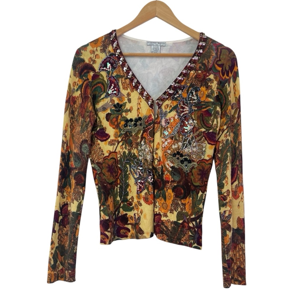 Alberto Makali Vintage Bead Embellished Peacock Floral Stretch Knit Cardigan